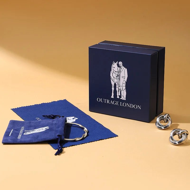 Wholesale Luxurious Blue Lid Base Jewelry Box Set Embossed Printing Drawstring Bag Protective Bubble Bag Polishing Cloth Custom supplier