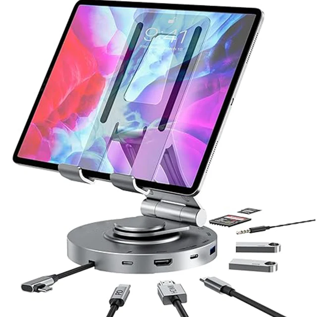 Multifunction 8 in 1 360 Degree Aluminum Tablet Stand Hub Adjust Foldable Laptop Holder