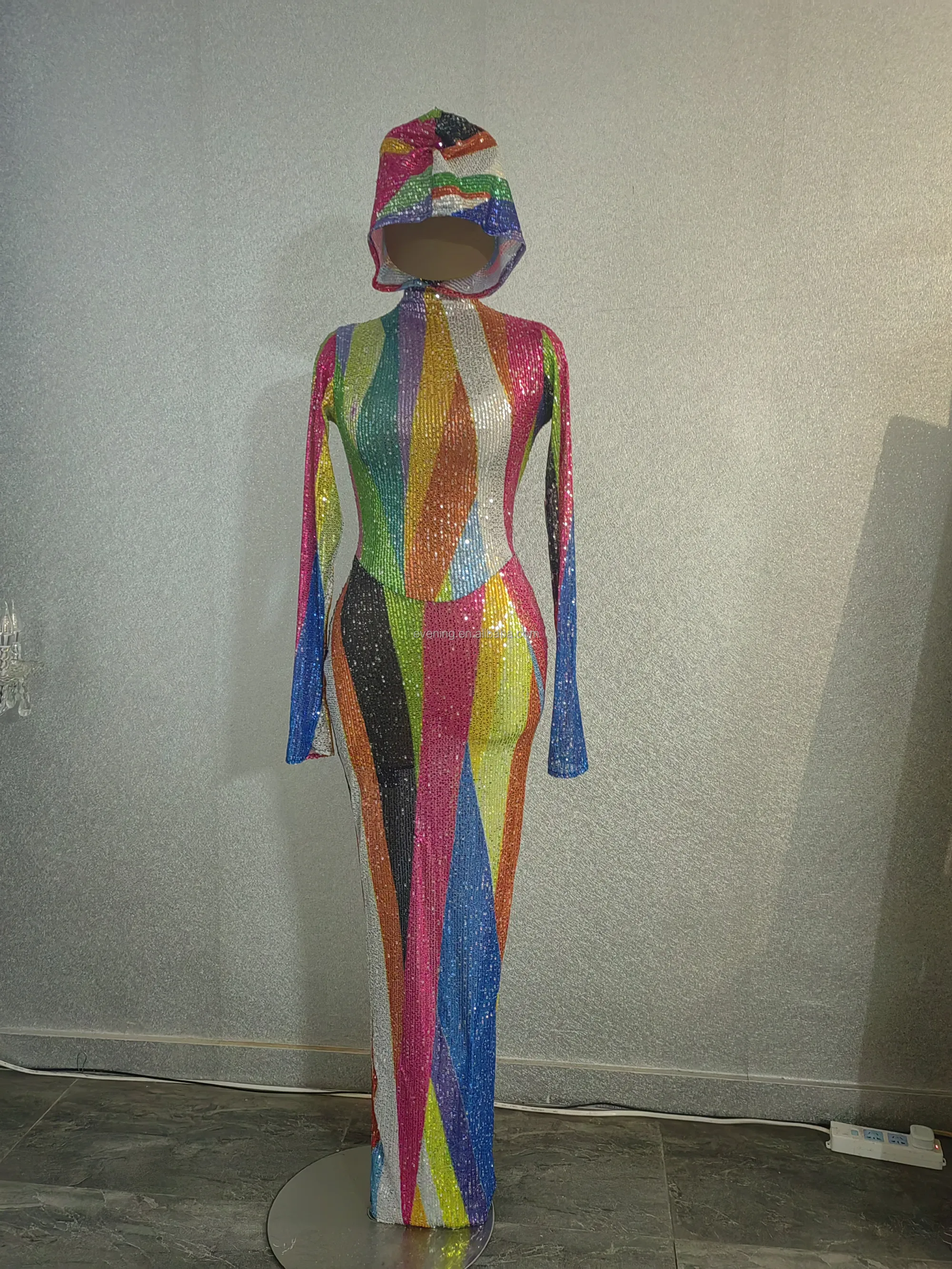 Sexy Stripe Sequin Casual Club Hooded Maxi Dress for Women