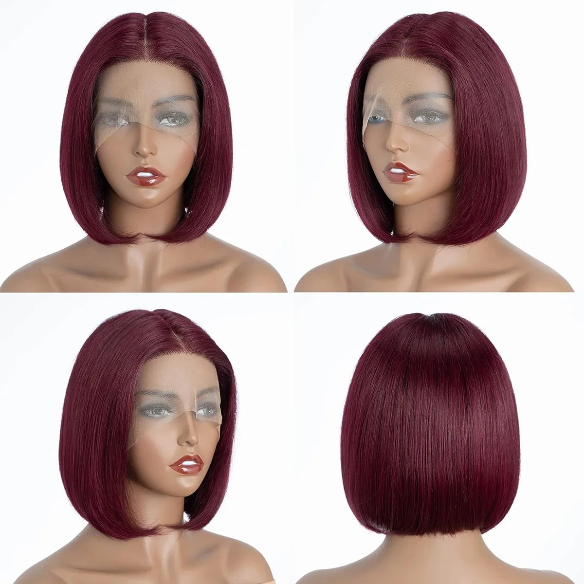 Weinrote Echthaar Bob Perücke Lace Front Glatt Für Damen_voghion.com