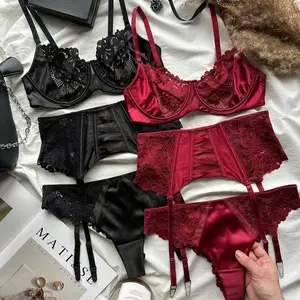 Hot Sales Women High Level Sexy Stain  Lingerie Set Sexy Women  Embroidery Garter Underwear Set