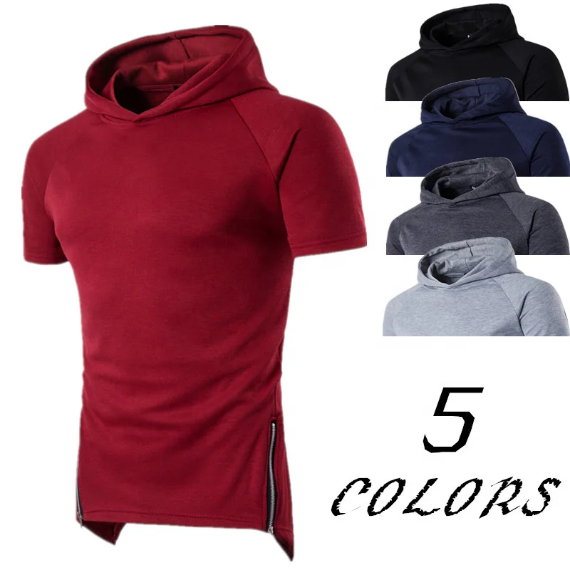 JL0429D Unique Cut Double Zip Pullover Short Sleeve Hooded Sweatshirt Short Sleeve Hood Shirts for Men