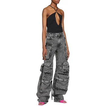 2025 New Fashion Brand American Street Style Straight Ripped Washed Multi-Flip Pocket Denim Hip Hop Personality Wide-Leg Design