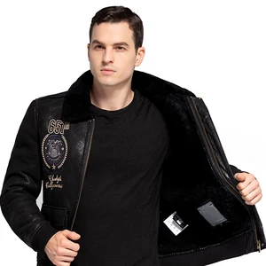 2023 Winter Genuine Cow Leather Jacket With Cow Fur Collar Patches Men's Bomber Pilot Jacket Blacka