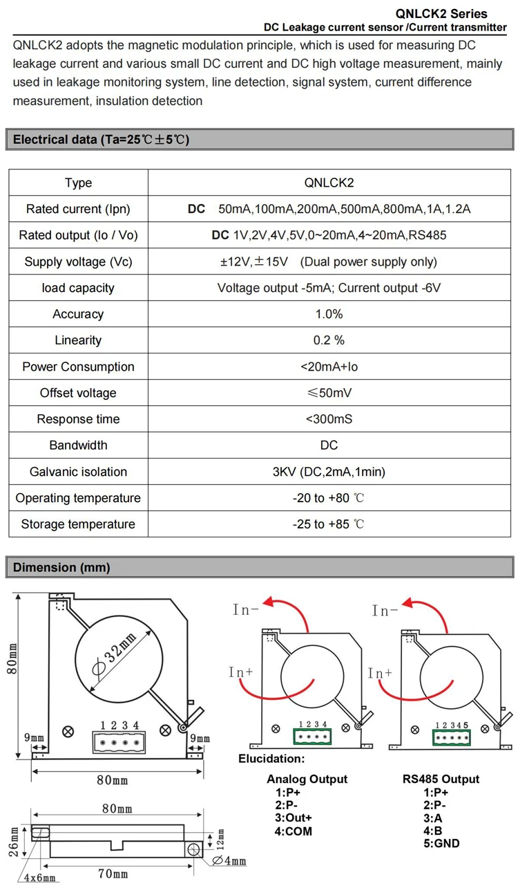DC Leakage Current Sensor Hall Effect QNLCK2 100mA 300mA 500mA 1A 5V 4-20mA RS485 Clamp Ct Transformer Split Current Transducer
