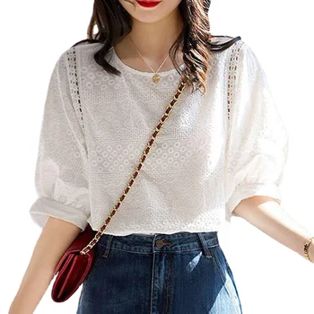 2022 Summer Korean Fashion Women's Clothing Lantern Short Sleeve Loose Lace Shirt Casual Embroidery Cotton O-neck White Blouse