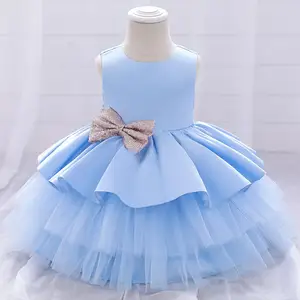 Wholesale 2-6 Years Baby Girl Halter Satin Flower Lace Formal Bow Dress with Ruffles Simple Layered Design Summer ODM Fabric