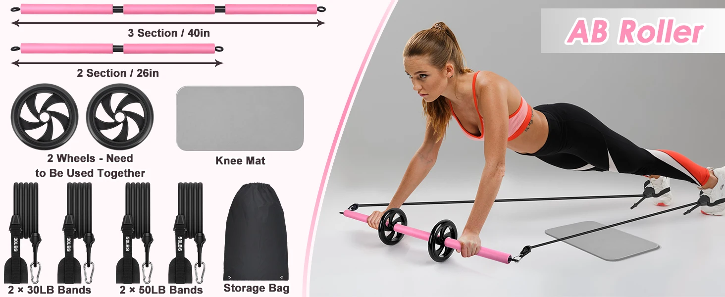 odm pilates bar kit with ab wheel knee matadjustable 3 section pilates bar with 4 resistance bands for home gym-3