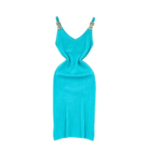 Customize New Sexy Temperament Knitted Chain Halter Vest Slim Tight A-Line Empire Waist Formal Midi Solid Embroidered Dresses