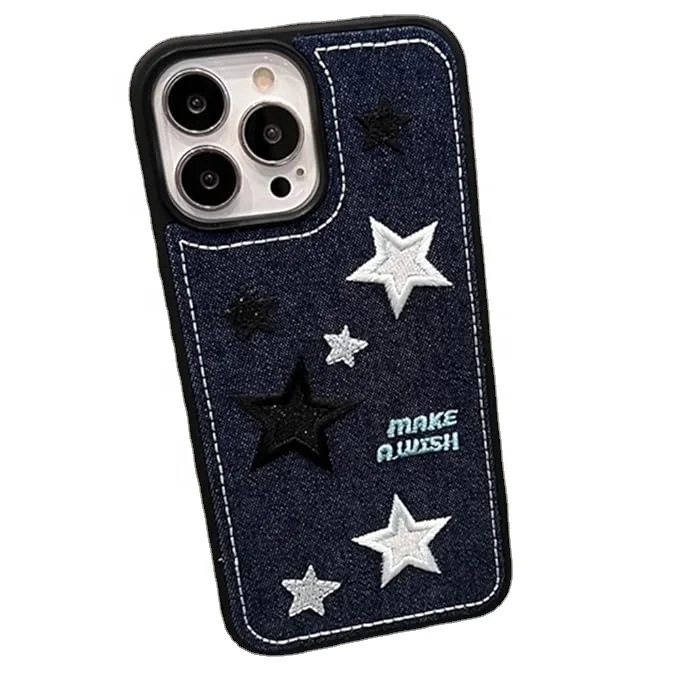 Laudtec Cool  Fabric Embroidery Star Aesthetic Case for iPhone 16 Pro Max Cute Wavy Soft Shockproof Silicone Camera Lens Case