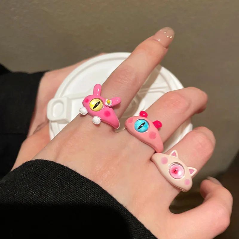 Y2K Lovely Sweet Monster Eyes Enamel Opening Rings for Women