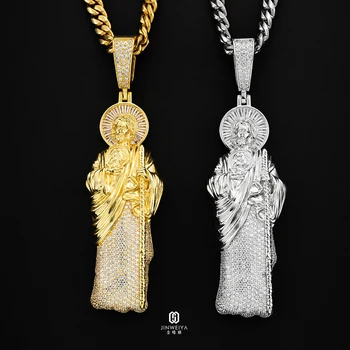 Hot Selling 14K Yellow Gold Plated San Judas Pendant New Trends Pure Silver Prong Setting Moissanite Christian Religious Jewelry