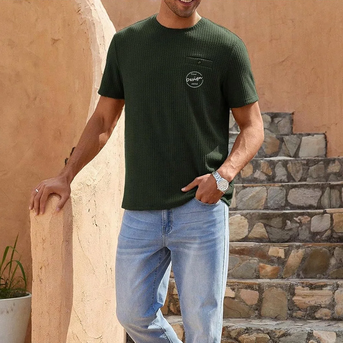 JL1113D OEM Short Sleeve Waffle Knit Pullover Sweater T Shirt Men High Quality Blank Plain Waffle Pocket T Shirts Men