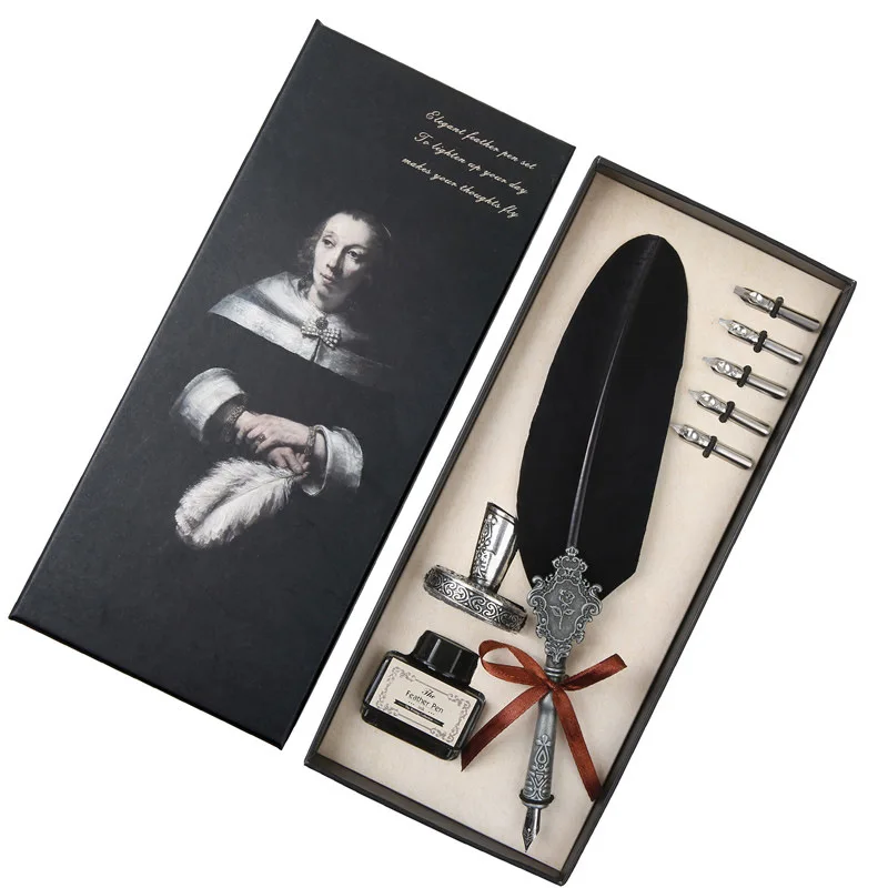 Metal Calligraphy Feather Quill Ink Dip Pen Set with Gift Box and ...