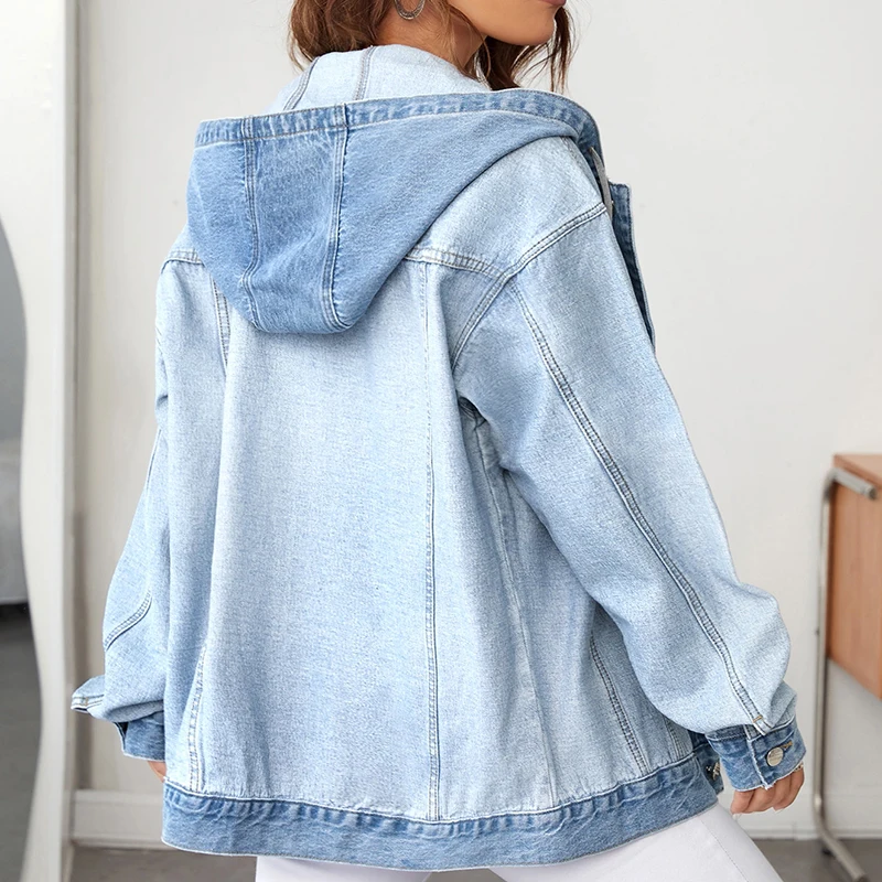 Oem Women's Hooded Denim Jean Jacket Women Casual Outwear Fall Button Up Coat Denim Jacket For Ladies