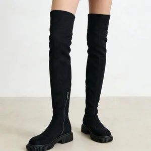 Women's Black Faux Suede Chukka Over-the-Knee Boots-Zipper Slim-Fit Height Increasing Autumn/Winter