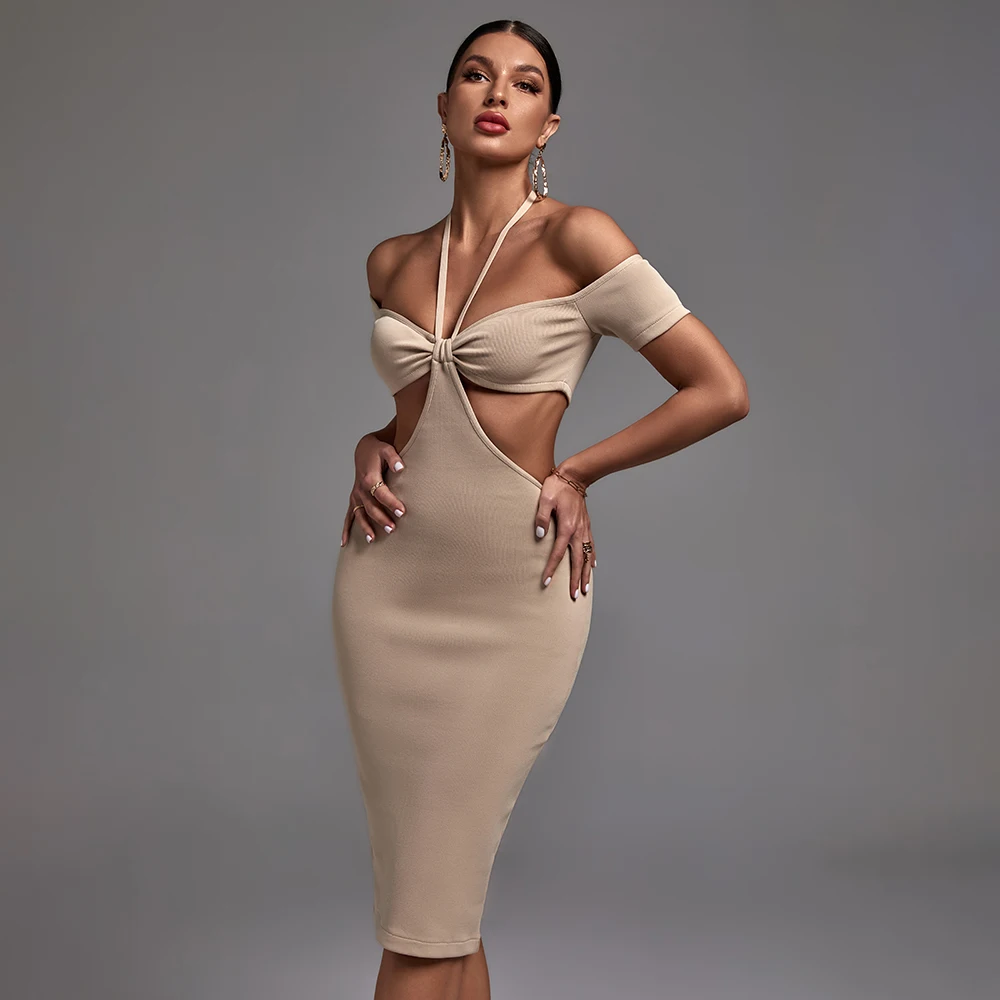 Summer Chic Dress Women Casual Fashion Halter Cut Out Midi Dress Backless Solid Color Off the Shoulder Dress