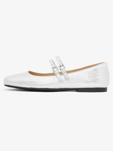 Women Silver Metallic Leather Double Strap Mary Jane Flats Luxury Classic Vintage Comfort School Office Wedding Shoes Wholesale