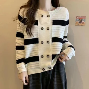 Autumn Double Breasted Knitted Sweater Striped Button Cardigan Tops For Women