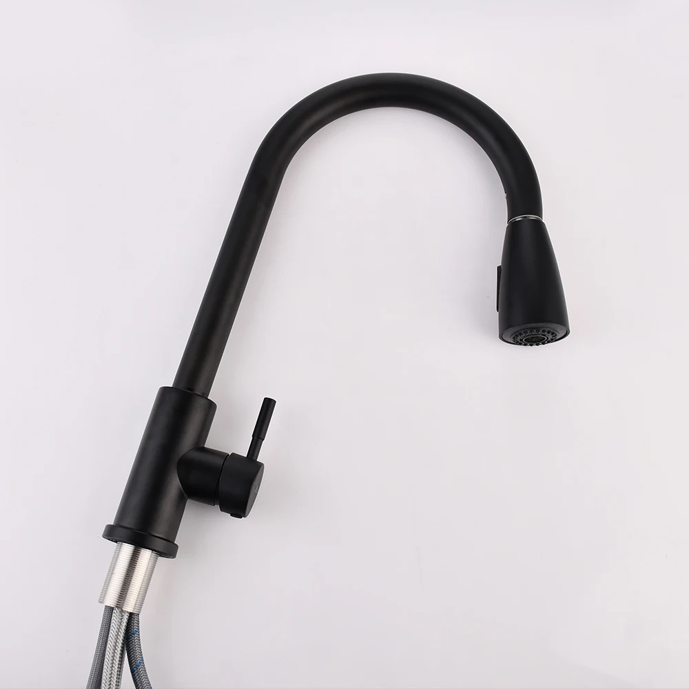 Stainless Steel 360 Pull Out Down Black Sink Kitchen Faucet Mixer Hot