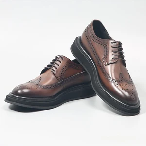 Factory Direct Sale  British Round Head Brogue Korean Style Men's Fashion Business Casual  Height Increasing Sole Leather Shoes