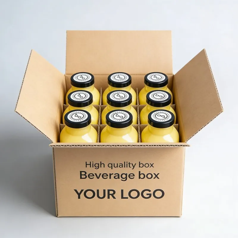 Obalovanie ovocných nápojov – fľaškové obalovanie džúsu z myrky červenej – kartónové krabičky – vlnitý kartón s uchom a priehľadným oknom