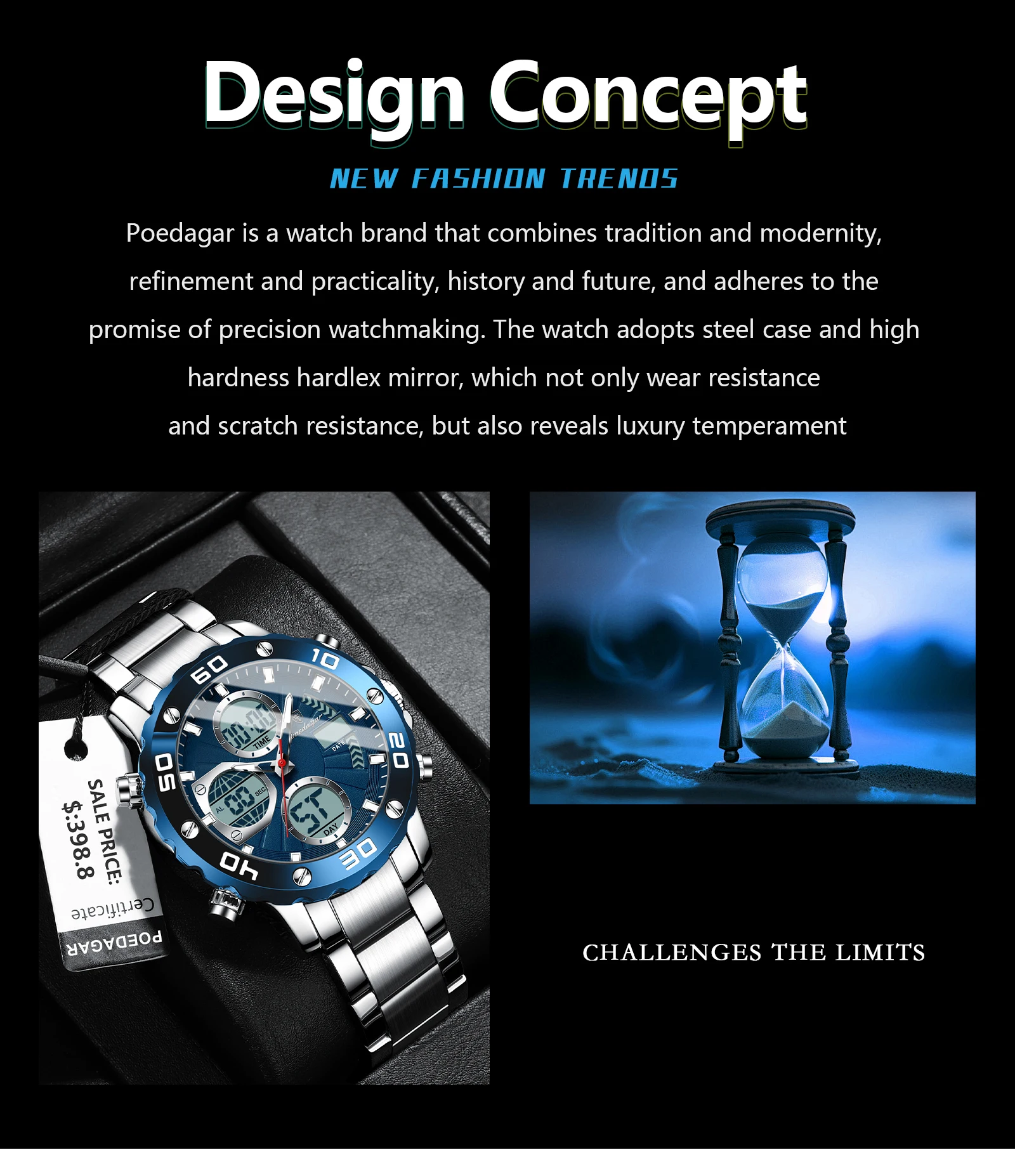 POEDAGAR E102 New Men Fashion Digital Quartz Movement Men Electronic Watches Led Dual  Display Luminous Stainless Watch for Male