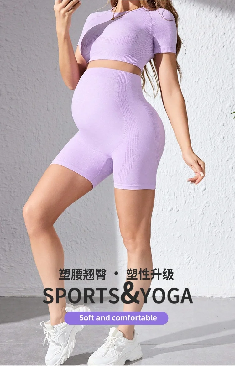 product soft maternity yoga sets back hollow out short sleeve cropped tops and high waist skinny shorts maternity fitness workout sets-53