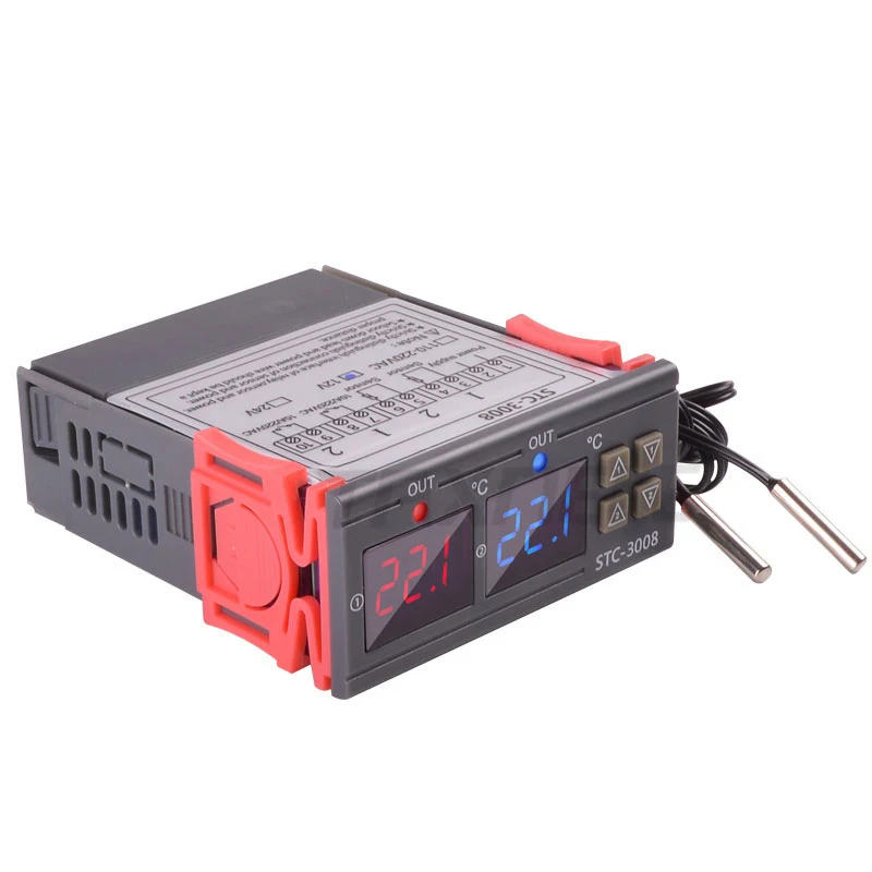 
STC-3008 двойной цифровой термостат с контроллером температуры, инкубатор с двумя релейными выходами, терморегулятор, нагреватель, охладитель, 12 В, 24 В, 220 В 