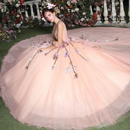 2025 Latest Design Pink Pleat Tulle Colorful Sequin Beaded Flowers V Neck Sleeveless Ball Gown Evening Dress Vestido De Noche
