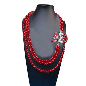Fashion DST Greek Sorority Delta Sigma Thet Pendant Multilayer Statement Jewelry Long Choker Red White Pearl Necklace