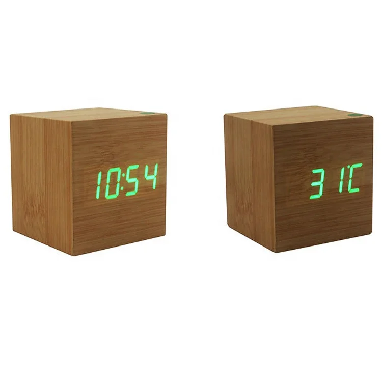 Promotional Desktop Different Colored Fonts Digital Thermometer Temperature Time and Date Roller Play Wooden Alarm Clock