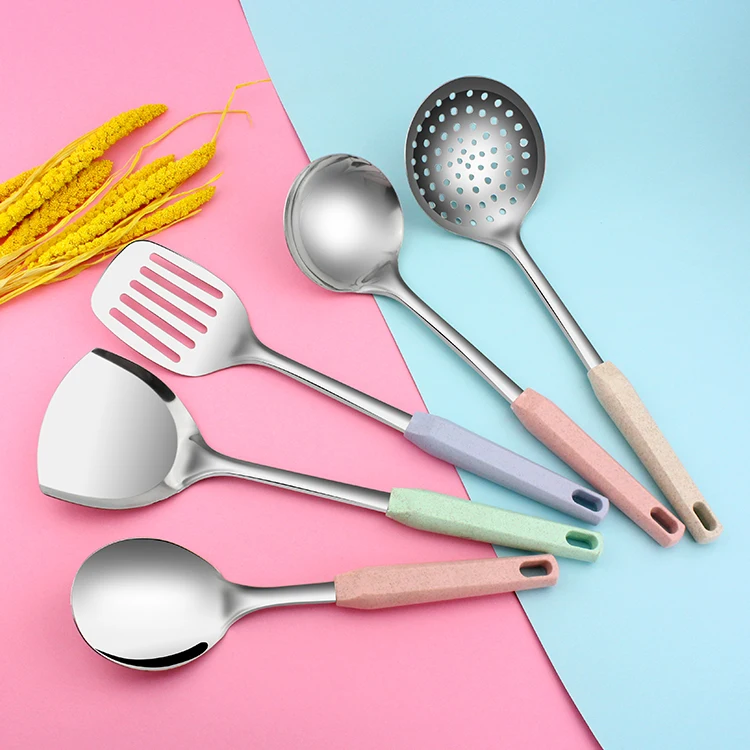 热销亚马逊厨房用品厨具不锈钢炊具彩色小麦纤维手柄烹饪套装