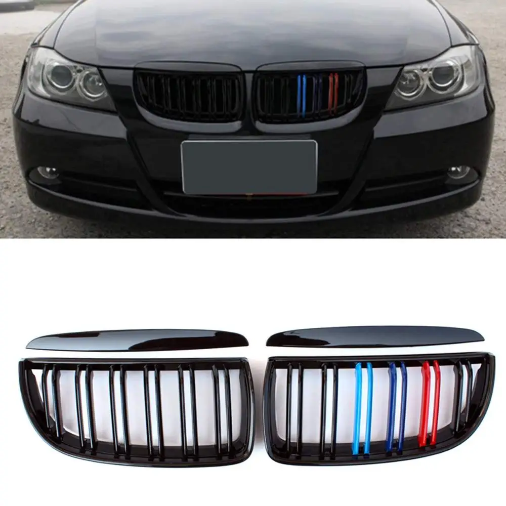 GLOSS BLACK DOUBLE SLAT KIDNEY GRILLES GRILL FOR BMW E90 E91 2005-2008