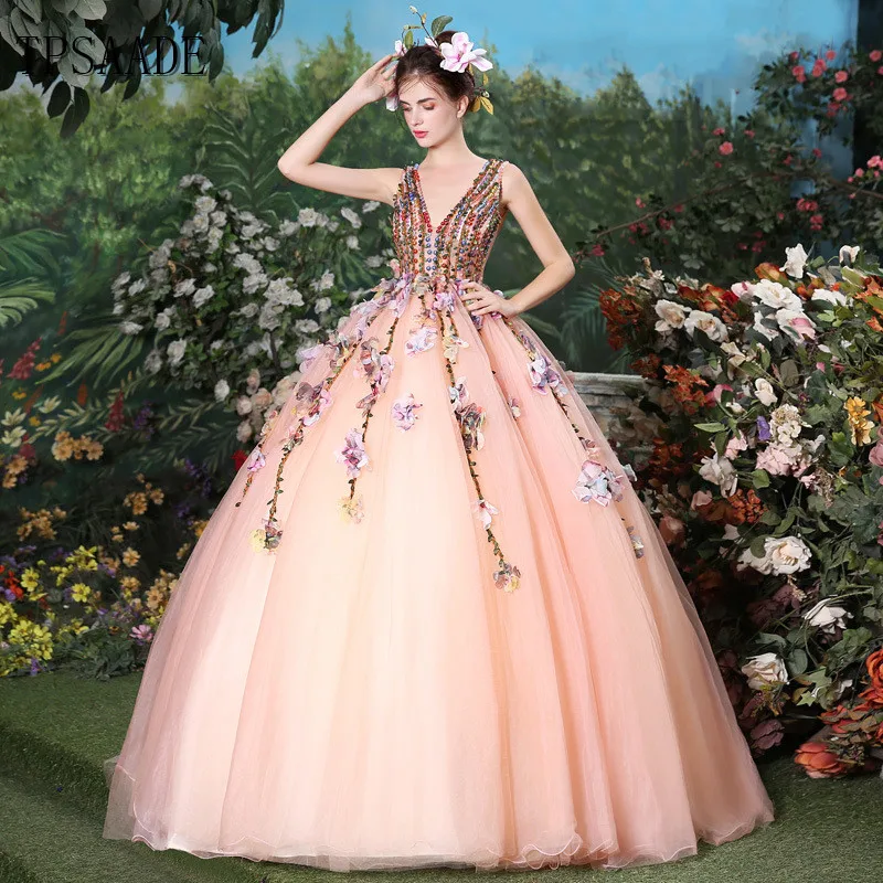 2025 Latest Design Pink Pleat Tulle Colorful Sequin Beaded Flowers V Neck Sleeveless Ball Gown Evening Dress Vestido De Noche
