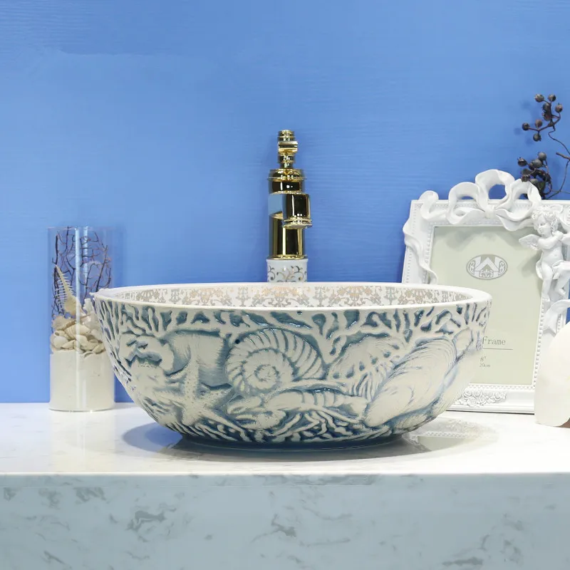 地中海 貝殻 芸術 台の上の鉢 ヨーロッパ式 陶磁器 洗面器