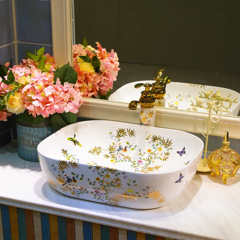 Rectangular Gold Flower and Bird Pattern Porcelain Ceramic Wash Basin Bathroom Sink