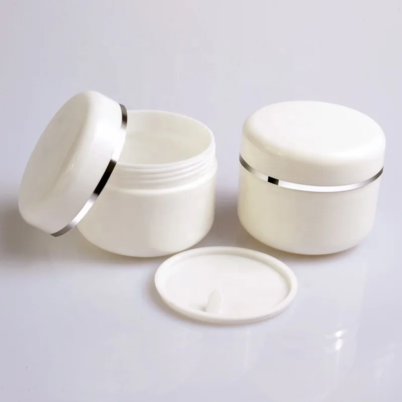 Empty Cosmetic Face Cream Plastic Container 20g 50g 100g 250g Silver Edge White Plastic pp White Cosmetic Cream Jar