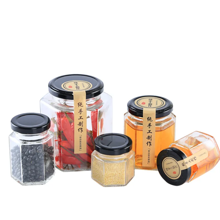 Hexagonal Glass Jar for Pickles Honey Chili Jam Jam Storage 100ml to 500ml Capacity Food Storage and Packaging Cover Styles