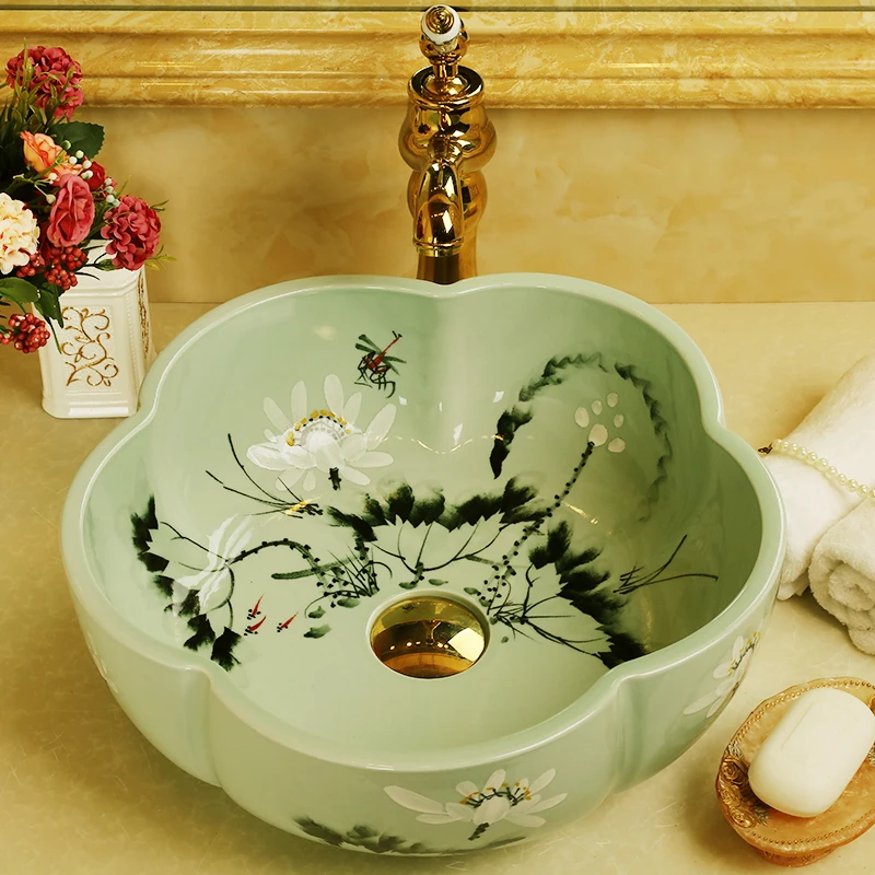 Европейский стиль золотистая китайская раковина Цзиндэчжэнь художественная столешница керамическая раковина в форме зеленого цветка раковина для ванной комнаты