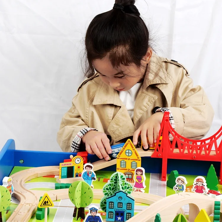 Preschool Play Building Toy Functional Table Game Wooden Rail Magnetic Train Track Set