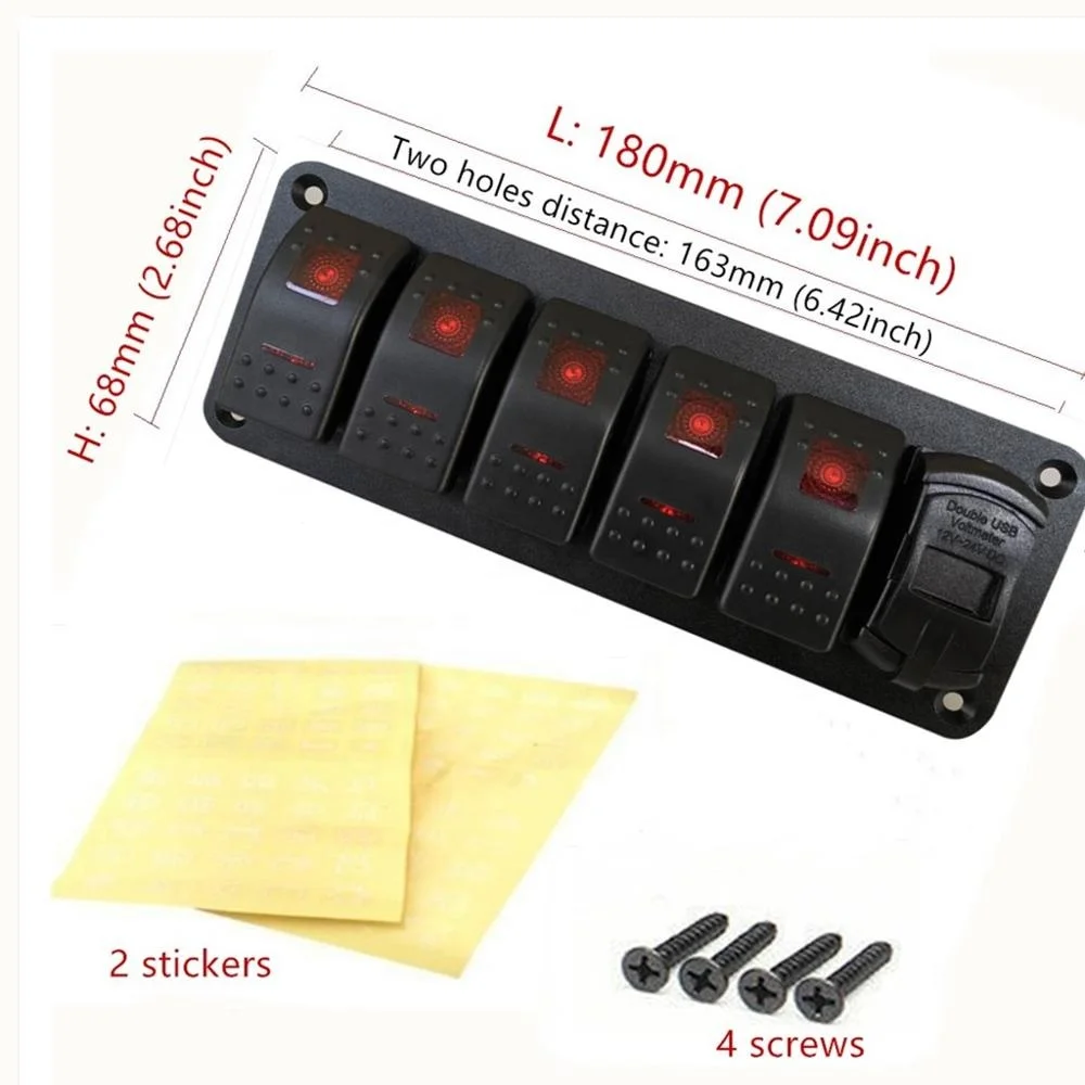 Двойная светодиодная водонепроницаемая панель переключателя, для морских автомобилей, лодок, яхт, 6 клавиш, 12 В, 24 В, с USB-портом 4,8 А и вольтметром