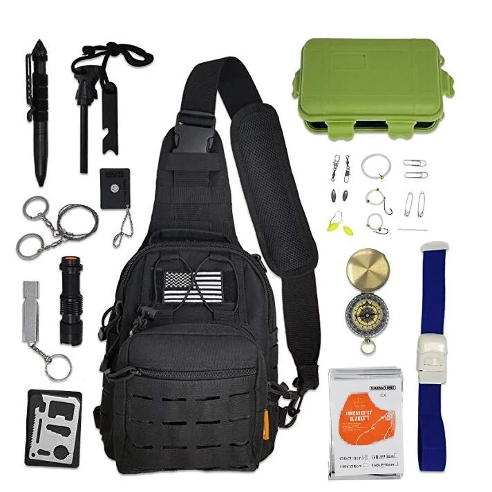 Outdoor Hiking Emergency Camping Tactical Survival Kit with Sling Bag ,Crossbody Sling Bag with EDC Gear Tools Fishing tools