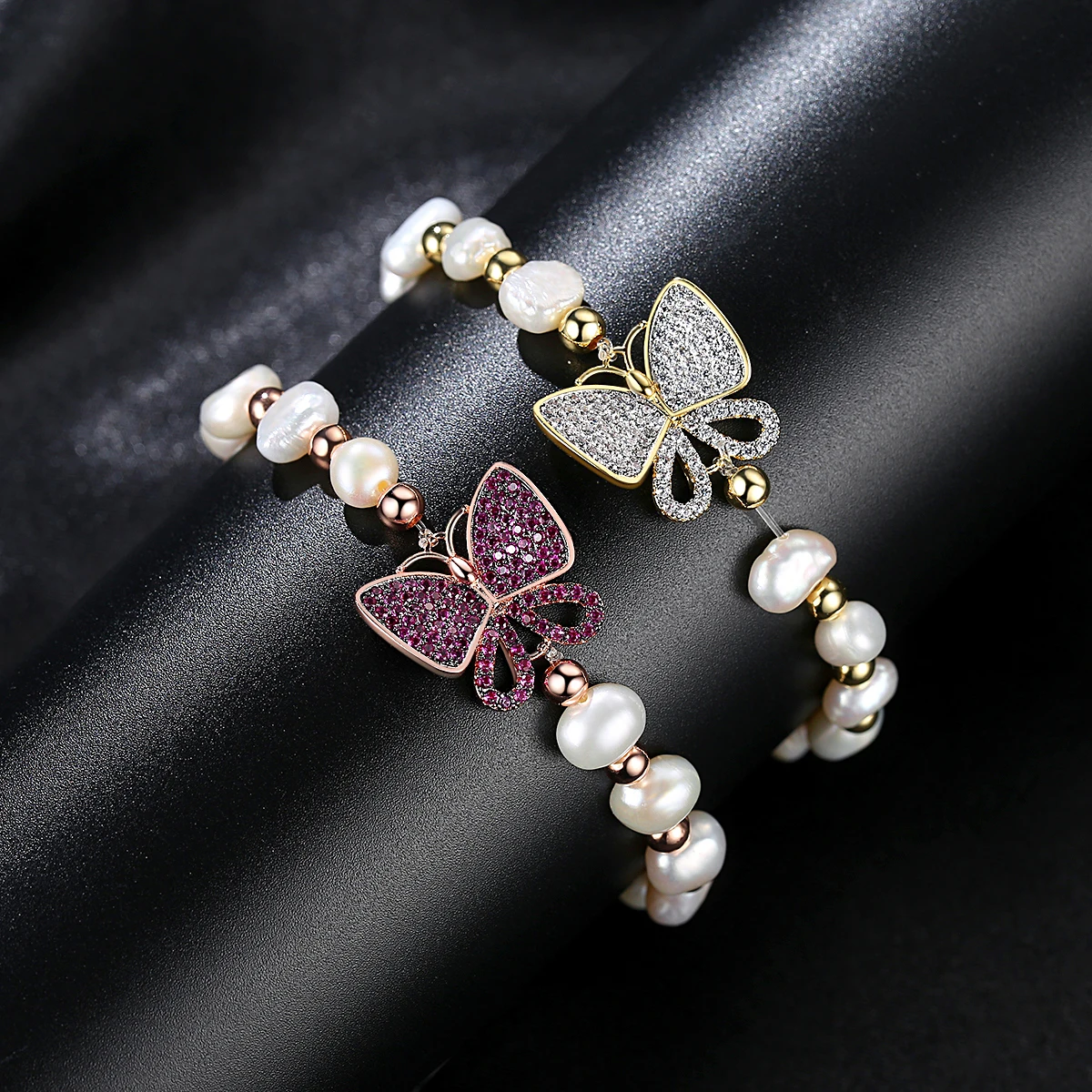LUOTEEMI Ruby Stone CZ Butterfly Part Elastic Rope Natural Pearl Bracelet Elegant Women Jewelry