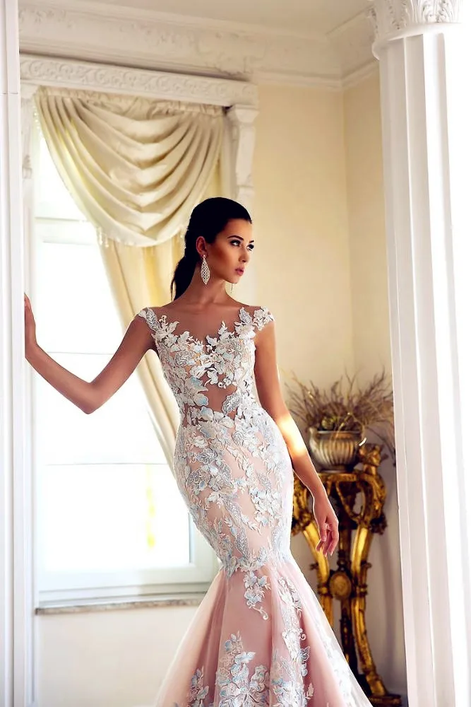 Latest Sexy Backless Mermaid Wedding Dresses Floral Embroidery Lace Bridal  Gown Peach Pink Wedding Dress Brand Vestido De Noiva