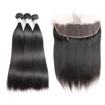 Factory Wholesale Human Hair Bundles With Lace Frontal Closure Indian Virgin Hair Straight