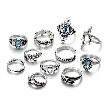 11PCS Statement Indian Jewelry Vintage Silver Ring Set for Wome Blue Crystal Flower Feather Finger Knuckle Ring