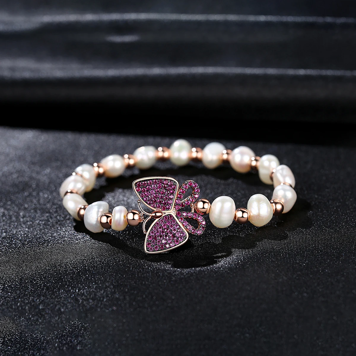 LUOTEEMI Ruby Stone CZ Butterfly Part Elastic Rope Natural Pearl Bracelet Elegant Women Jewelry