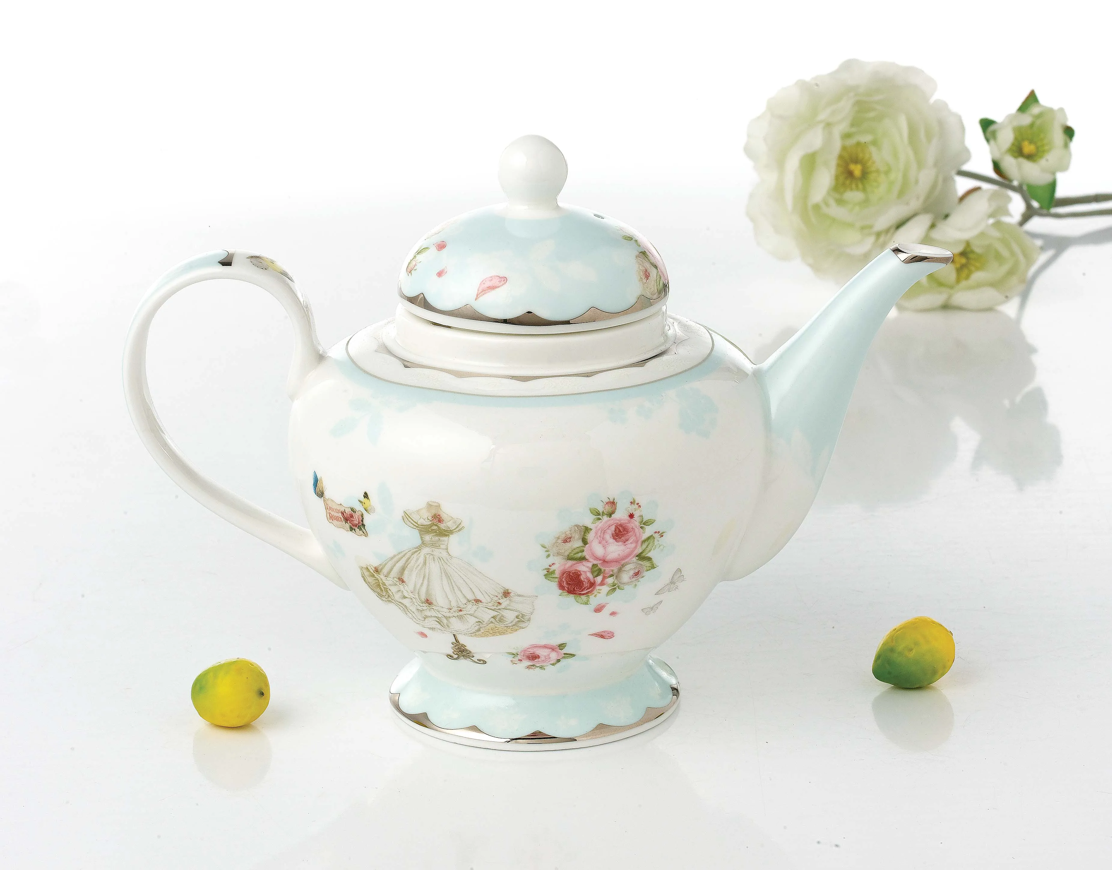 Modern Bone China Teapot with Silver Rim Design Porcelain Tea Kettle