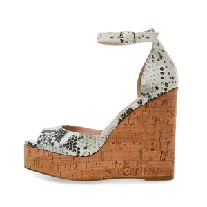 High Quality Summer High Heel Sandals Cork Wedge Platform Peep Toe Buckle Strap Chunky Heels PU Leather for Ladies